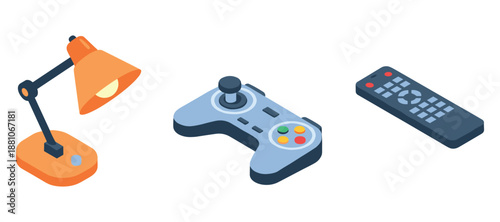 Isometric desk lamp, game controller, and tv remote on white background