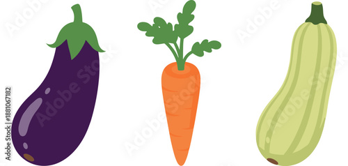 Colorful vegetables illustration: eggplant, carrot, zucchini