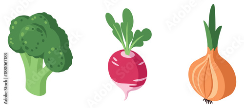 Broccoli, radish, and onion: fresh vegetable trio illustration