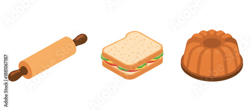 Kitchen essentials: rolling pin, sandwich, and bundt cake