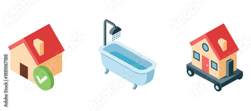 Isometric icons of house, bathtub, and house on wheels