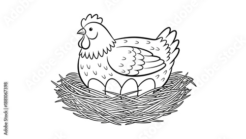Cute cartoon hen sitting on eggs in a straw nest symbolizing motherhood new life and farm freshness