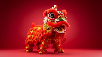 Cute 3d lion dance mascot standing majestically on red background. Low angle view of chinese new year character. Lunar holiday celebration.
