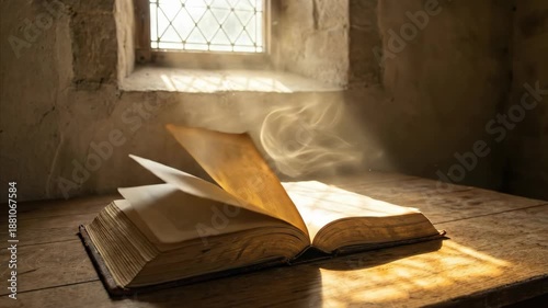 Sunlight illuminating an old open book on a wooden table, pages turning slowly in a dramatic sequence, bible study footage