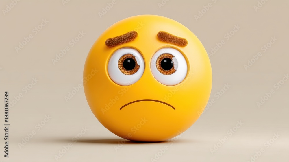 Fototapeta premium Sad emoji face with downturned eyes and mouth on neutral background.