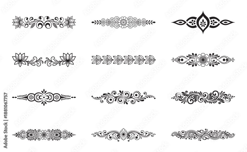 Obraz premium A collection of intricate black floral dividers and borders for decoration or mehndi art