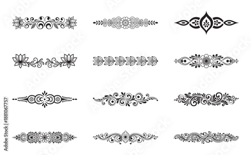 A collection of intricate black floral dividers and borders for decoration or mehndi art