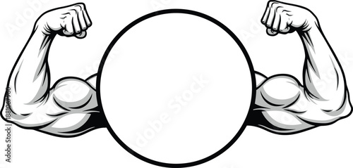 Muscular arms flexing with empty circle in the middle for text or logo  strong biceps illustration