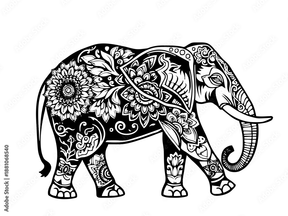 Obraz premium Ein stattlicher Elefant, dessen Körper mit meditativen Mustern verziert ist. Die großen Ohren und der Rüssel sind besonders fein gemustert.KI Generiert