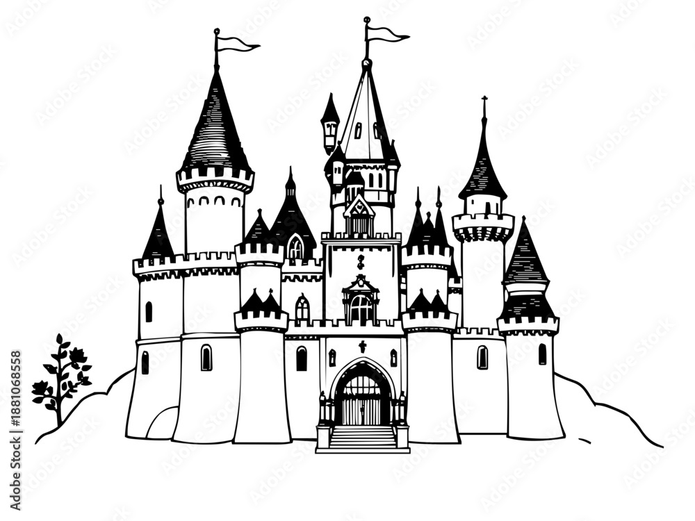 Obraz premium Ein Märchenschloss mit vielen hohen, spitzen Türmen und kleinen Fahnen. Es erinnert an klassische Illustrationen aus Zauberergeschichten.KI Generiert