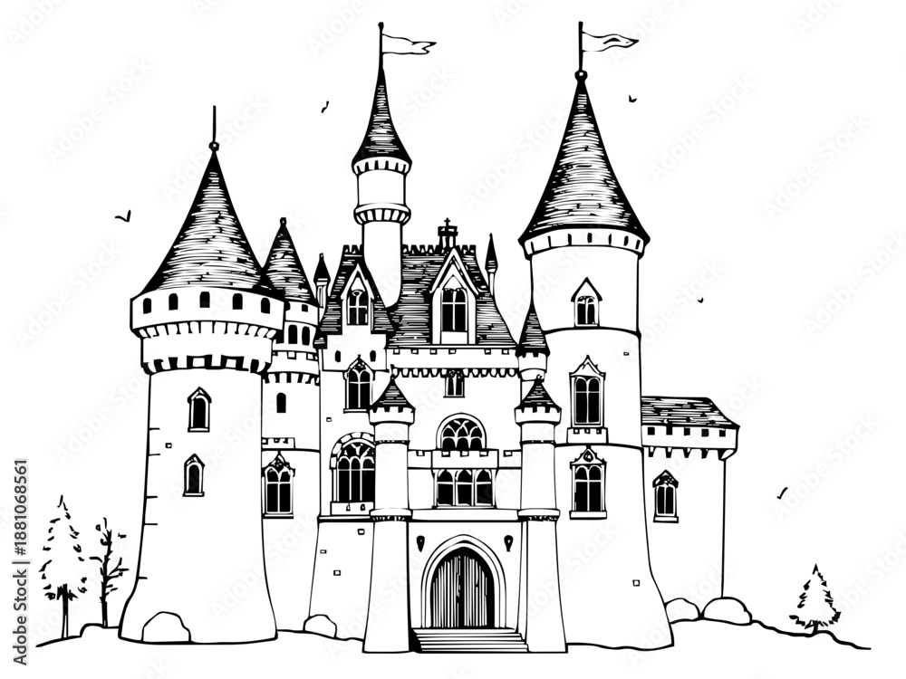 Obraz premium Ein Märchenschloss mit vielen hohen, spitzen Türmen und kleinen Fahnen. Es erinnert an klassische Illustrationen aus Zauberergeschichten.KI Generiert