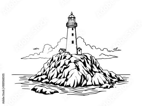 Ein einsamer Leuchtturm ragt steil von einer zerklüfteten Felsklippe empor. Wellenbewegungen am Fuß des Felsens deuten auf eine raue Küste hin. KI Generiert