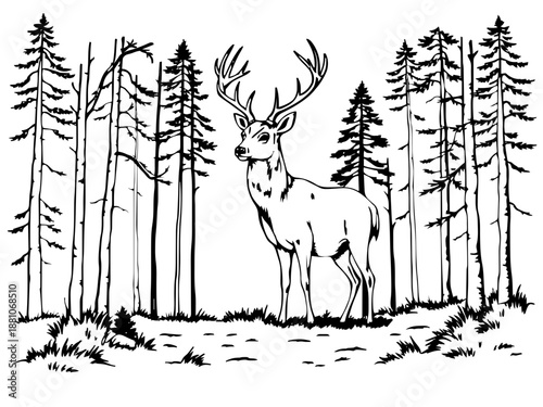 Eine alternative Darstellung eines Hirsches zwischen stilisierten Nadelbäumen. Die Grafik nutzt starke Kontraste für eine winterliche Waldatmosphäre. KI Generiert