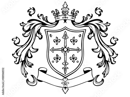 Ein sehr komplexes Wappen mit zahlreichen floralen Ornamenten und Federschmuck. Es wirkt besonders dekorativ und feingliedrig ausgearbeitet.KI Generiert