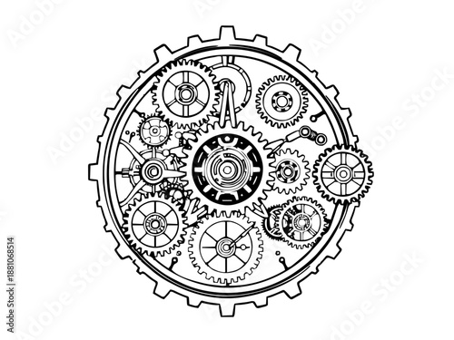 Ein kunstvolles Arrangement aus verschiedenen Zahnrädern und mechanischen Teilen. Das Design erinnert stark an das Innenleben einer antiken Uhr. KI Generiert