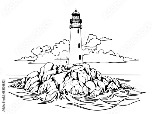 Ein einsamer Leuchtturm ragt steil von einer zerklüfteten Felsklippe empor. Wellenbewegungen am Fuß des Felsens deuten auf eine raue Küste hin. KI Generiert