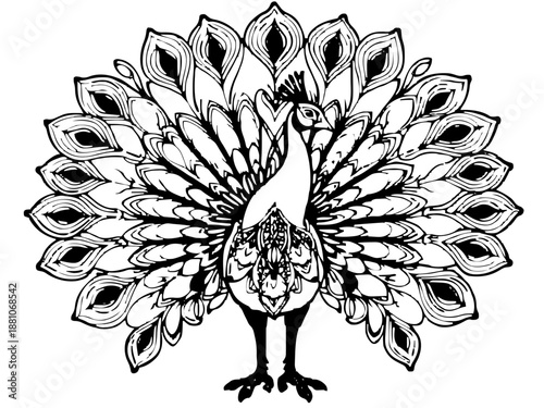 Ein Pfau, der sein prächtiges Gefieder zu einem vollständigen Rad aufschlägt. Die zahlreichen "Augen" der Federn bilden ein hypnotisches Muster. KI Generiert