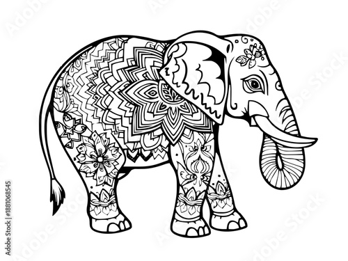 Ein stattlicher Elefant, dessen Körper mit meditativen Mustern verziert ist. Die großen Ohren und der Rüssel sind besonders fein gemustert.KI Generiert