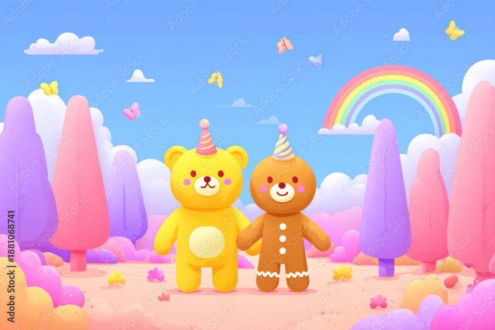 Obraz premium Yellow Bear and Gingerbread Man in Colorful Fantasy Landscape with Rainbow