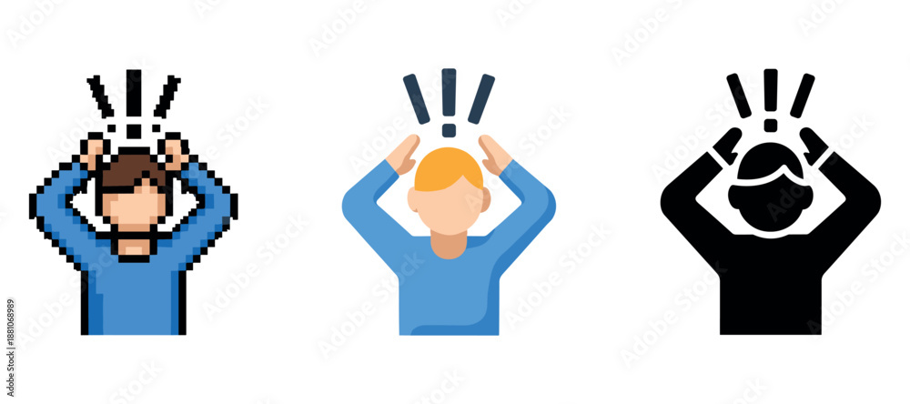 Fototapeta premium Three stylized figures expressing shock with raised arms and exclamation marks