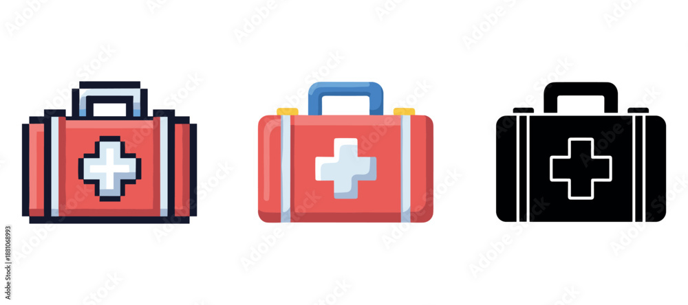Obraz premium First aid kit icons: pixel, colorful, silhouette designs for emergency health