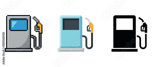 Pixelated, colored, and silhouette gas station icons