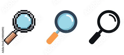 Pixelated, flat, and simple magnifying glass icons set