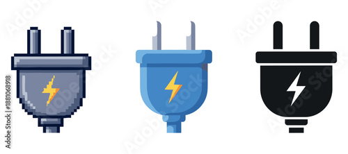 Set of electrical plugs with lightning bolt symbols in various design styles