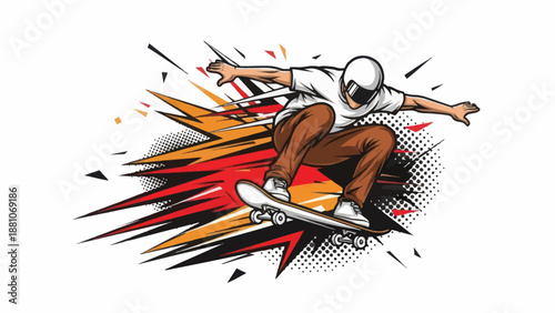 Skateboarder performing trick graphic illustration for action sports design