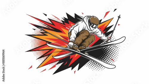 Skier performing jump illustration with dynamic colorful background vector