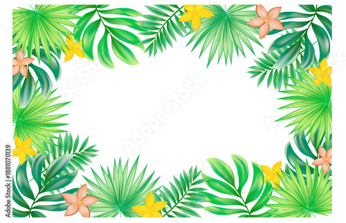 Tropical leaf and flower border frame with green leaves and colorful blooms transparent background