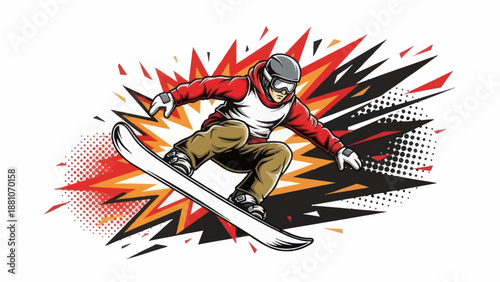 Snowboarder performing a jump against a colorful burst illustration vector