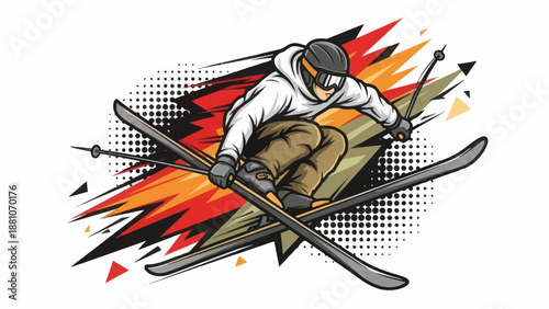 Skier performing jump with skis vector illustration isolated on white