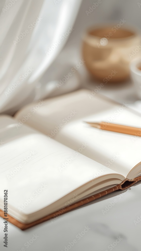 Naklejka premium Generative AI Inspired Artistic Workspace with Open Book and Art Supplies