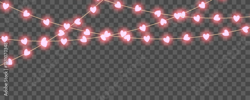 Garland with glowing hearts on a transparent background, Valentine’s Day decoration, light bulbs on the garland in the hearts shape - vector