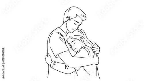 Touching illustration of a loving couple sharing a warm embrace, symbolizing deep connection, affection, and emotional support in a simple line art style