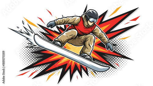 Snowboarder performing a jump against an explosion graphic element