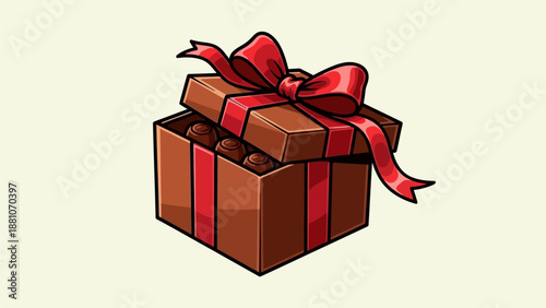 An open brown box filled with chocolates, tied with a red ribbon and a bow, presented on a light cream background