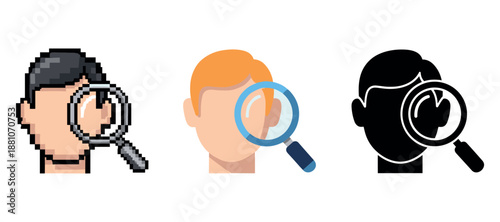 Magnifying glass on different male profiles: pixel art, flat design, silhouette