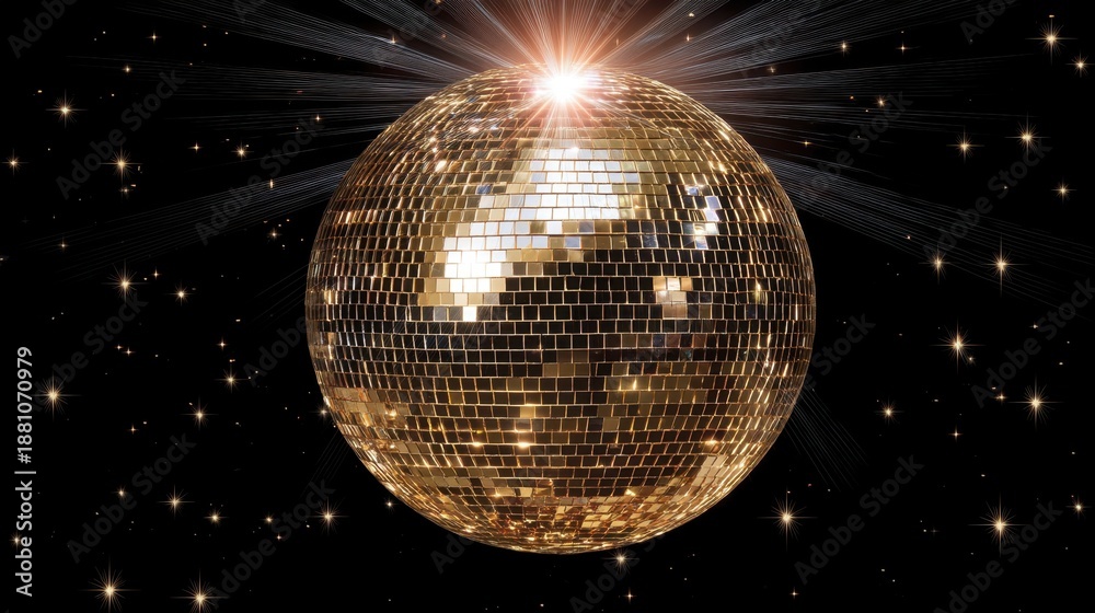 Obraz premium Glittering golden disco ball sparkles against a starry night sky.