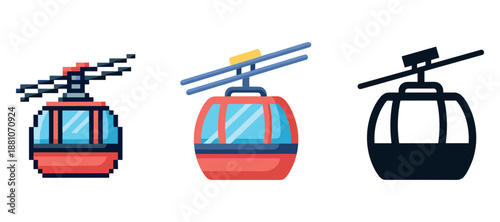 Set of cable car icons in retro, modern, and minimal styles