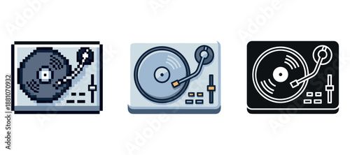 Retro turntable icons: pixel, flat, and monochrome designs