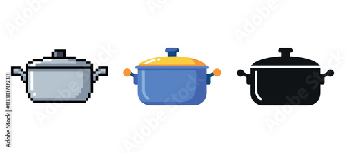 Three stylish cooking pots: pixel art, colorful blue, and dark silhouette designs
