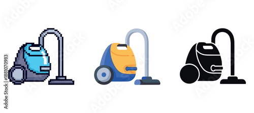 Pixel art, flat design, and silhouette styles of vacuum cleaners