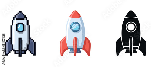 Set of three rocket ship icons: pixel, cartoon, silhouette designs