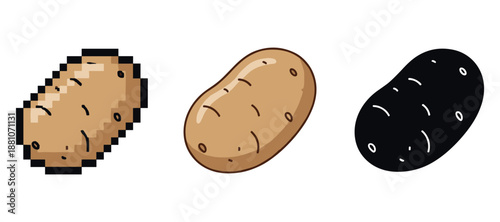 Grayscale potato evolution: pixelated, detailed, silhouette versions on white background