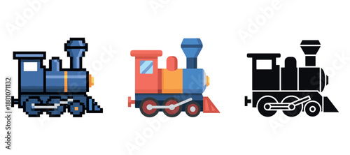 Pixelated and silhouette toy trains in various artistic styles