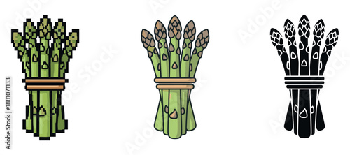 Three asparagus styles: pixel, illustrated, silhouette bunches