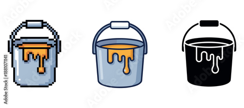 Pixelated, flat, and silhouette paint buckets with dripping paint designs