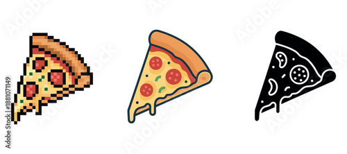 Pixelated, colorful, and silhouette pizza slices in different styles